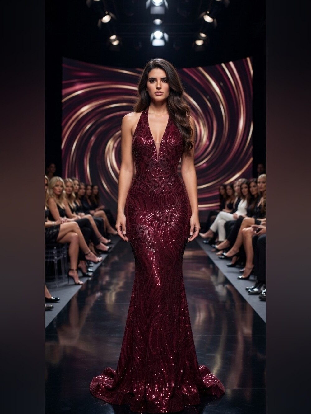 Sleeveless Burgundy Sequin Halter Prom Gown
